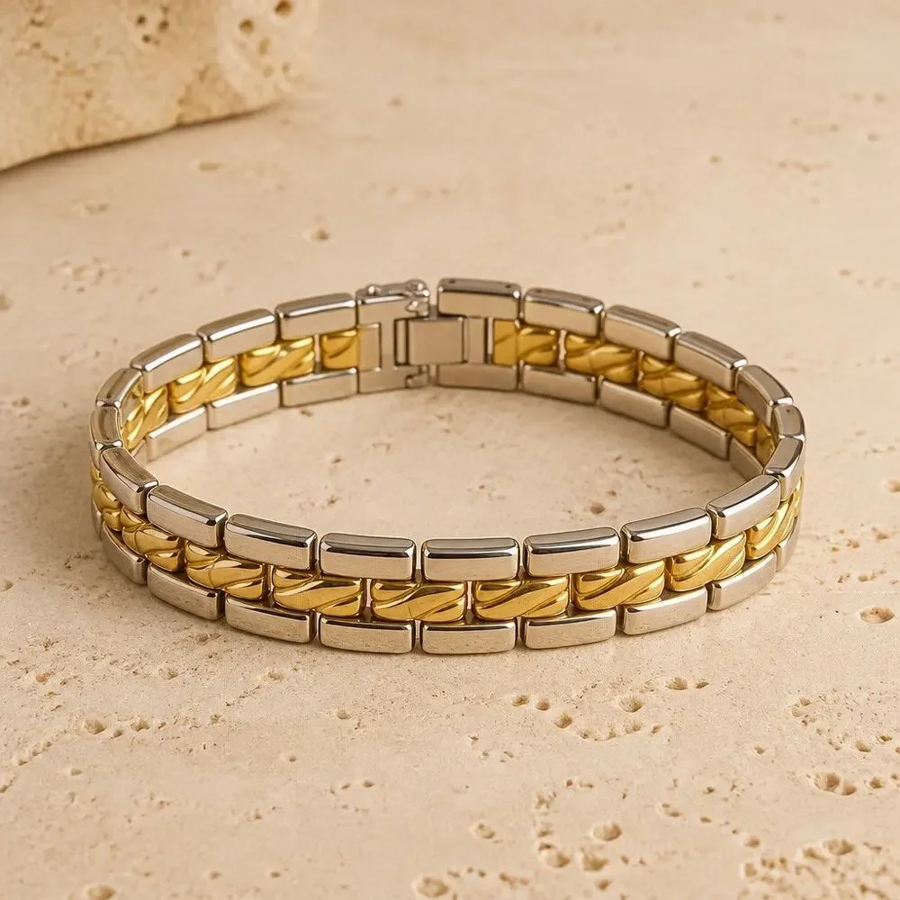 Two-Tone Silver & Gold Watch Band Link Bracelet – Chevron Textured Accent